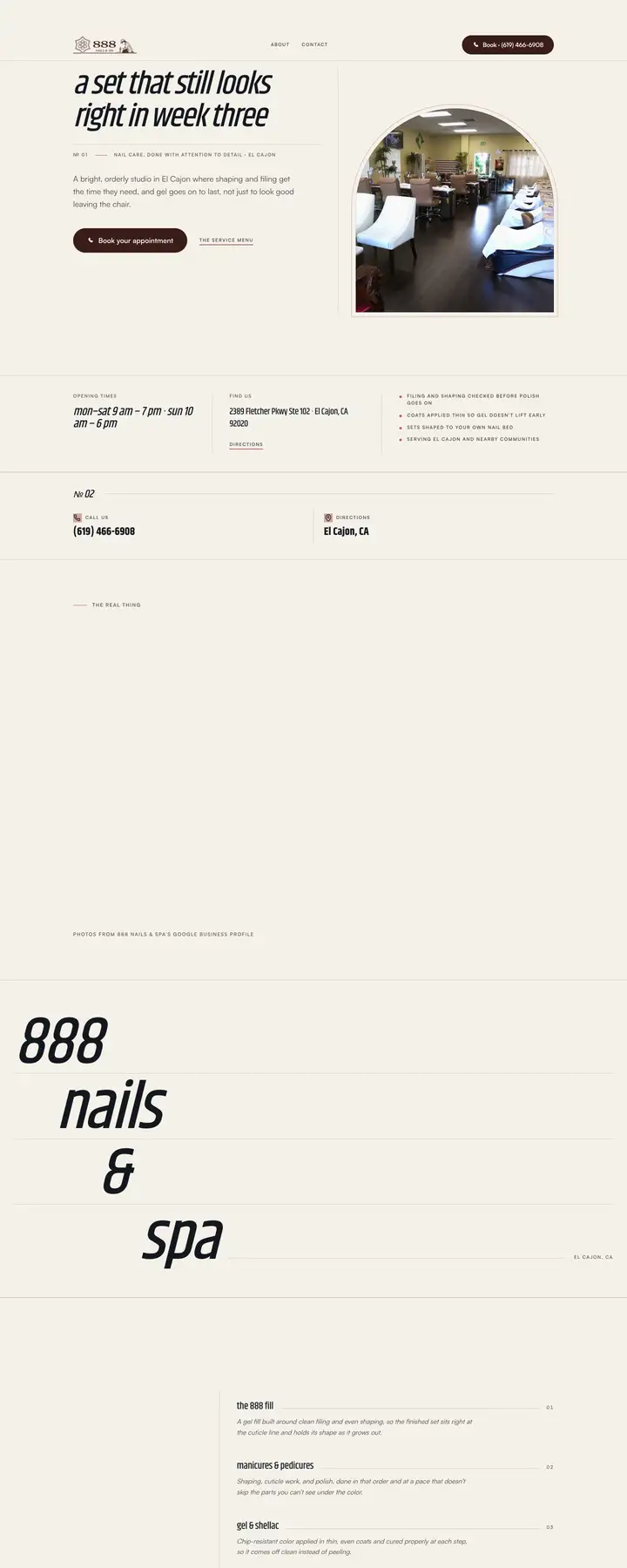 Free preview of a website for 888 Nails & Spa, built by Ready StoreFront (not affiliated)