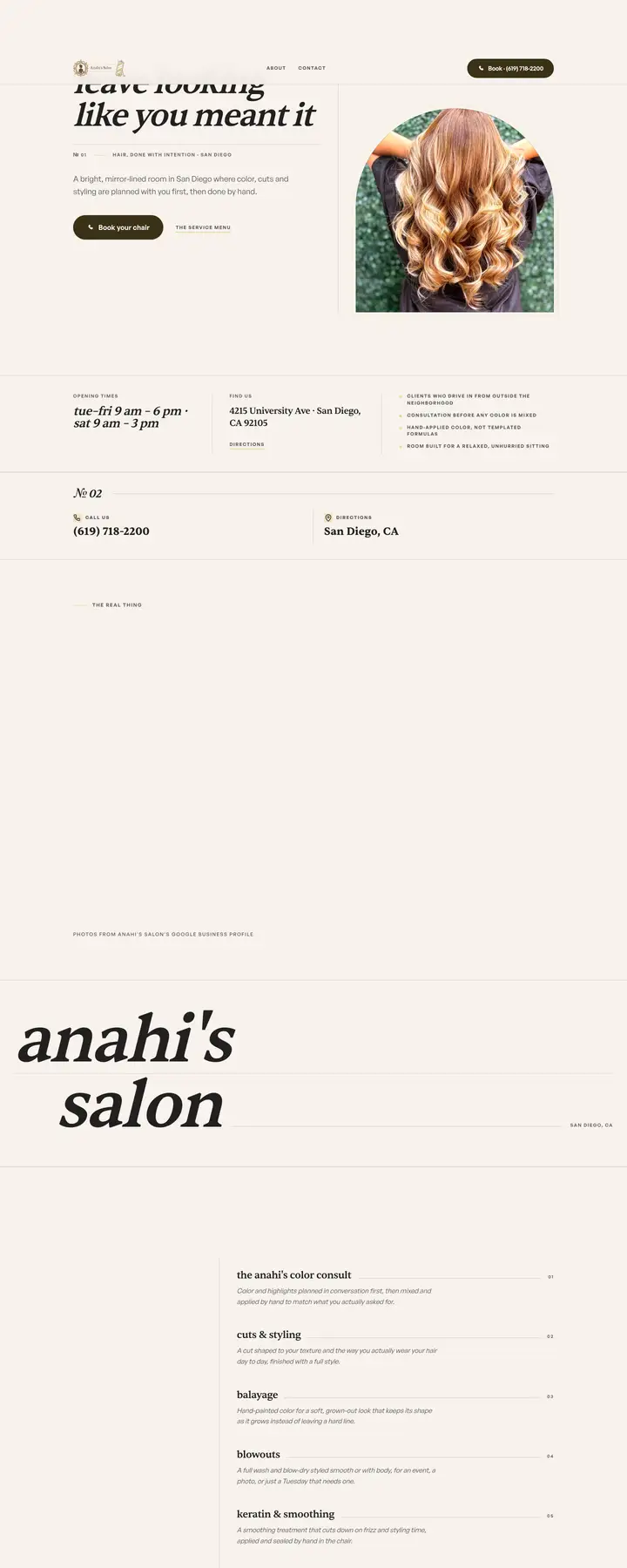 Free preview of a website for Anahi's Salon, built by Ready StoreFront (not affiliated)