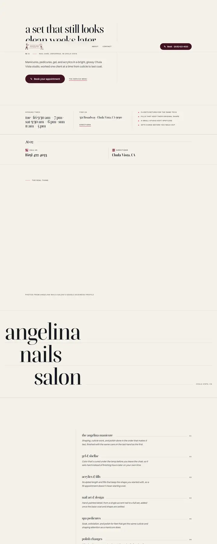 Free preview of a website for Angelina Nails Salon, built by Ready StoreFront (not affiliated)