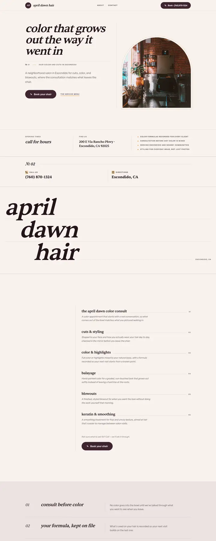 Free preview of a website for April Dawn Hair, built by Ready StoreFront (not affiliated)