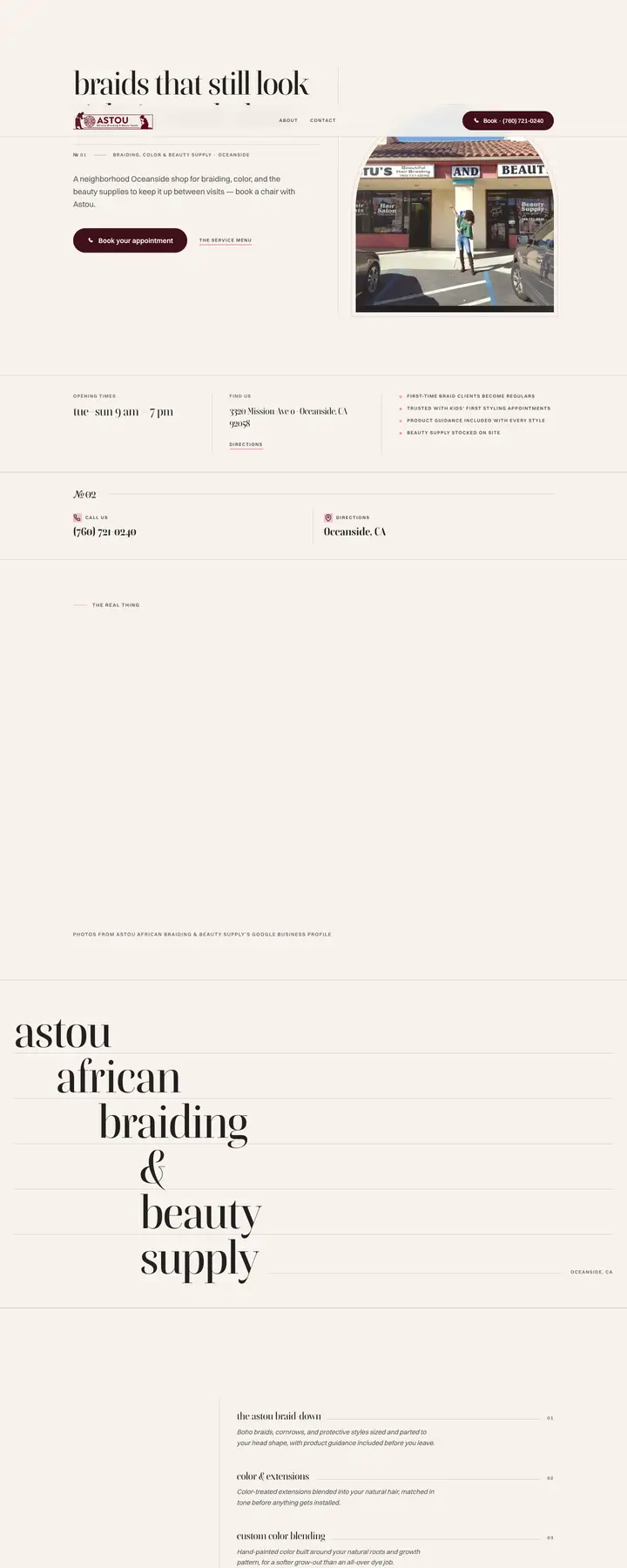 Free preview of a website for Astou African Braiding & Beauty Supply, built by Ready StoreFront (not affiliated)