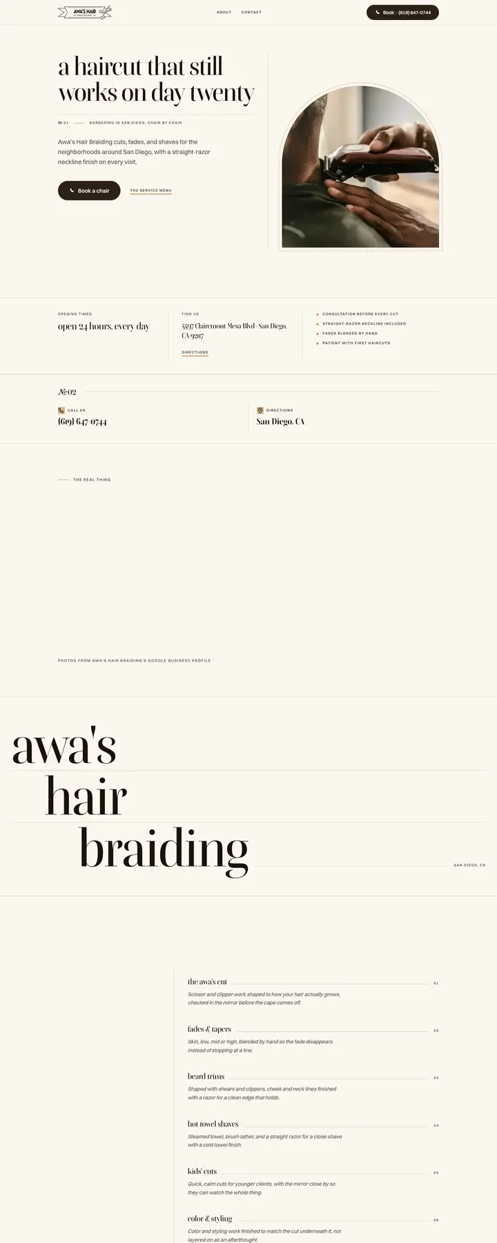 Free preview of a website for Awa's Hair Braiding, built by Ready StoreFront (not affiliated)