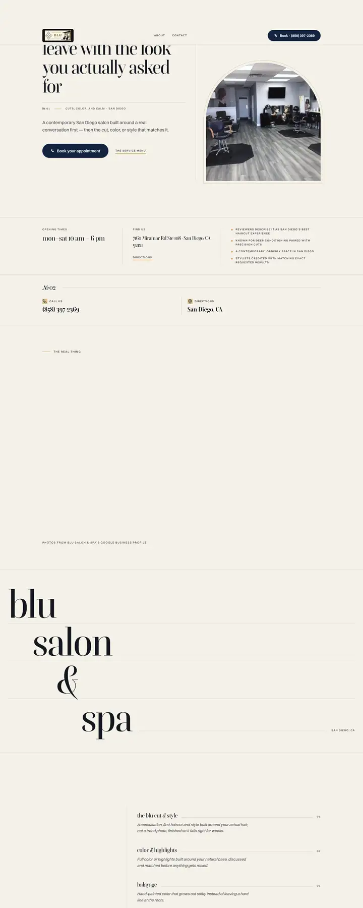 Free preview of a website for Blu Salon & Spa, built by Ready StoreFront (not affiliated)