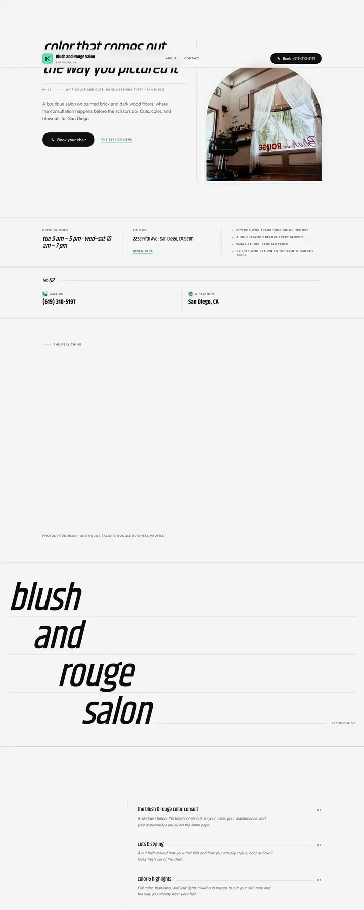 Free preview of a website for Blush and Rouge Salon, built by Ready StoreFront (not affiliated)