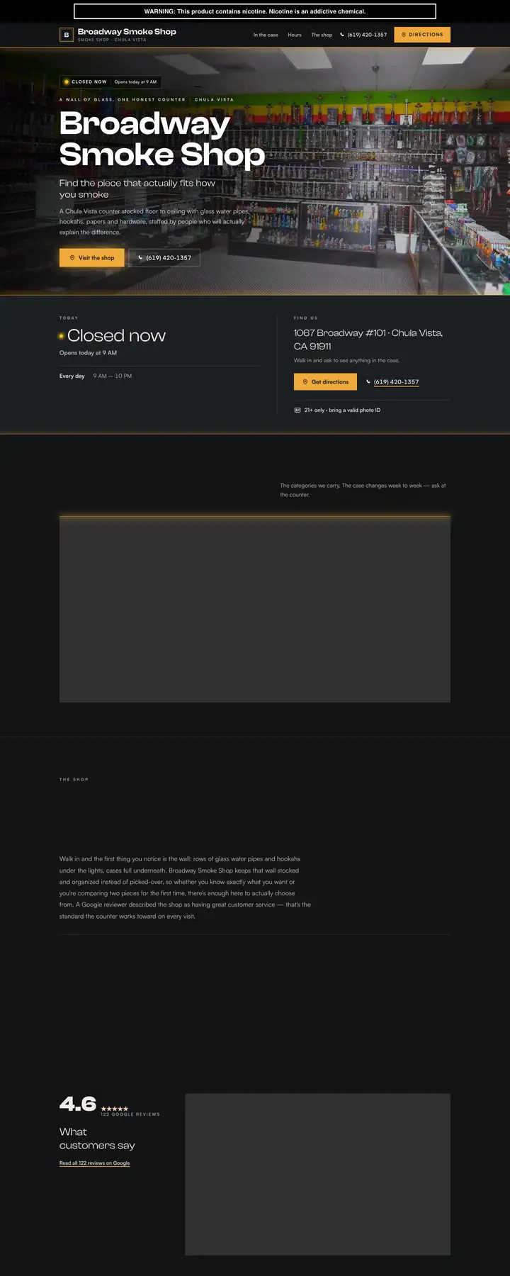 Free preview of a website for Broadway Smoke Shop, built by Ready StoreFront (not affiliated)