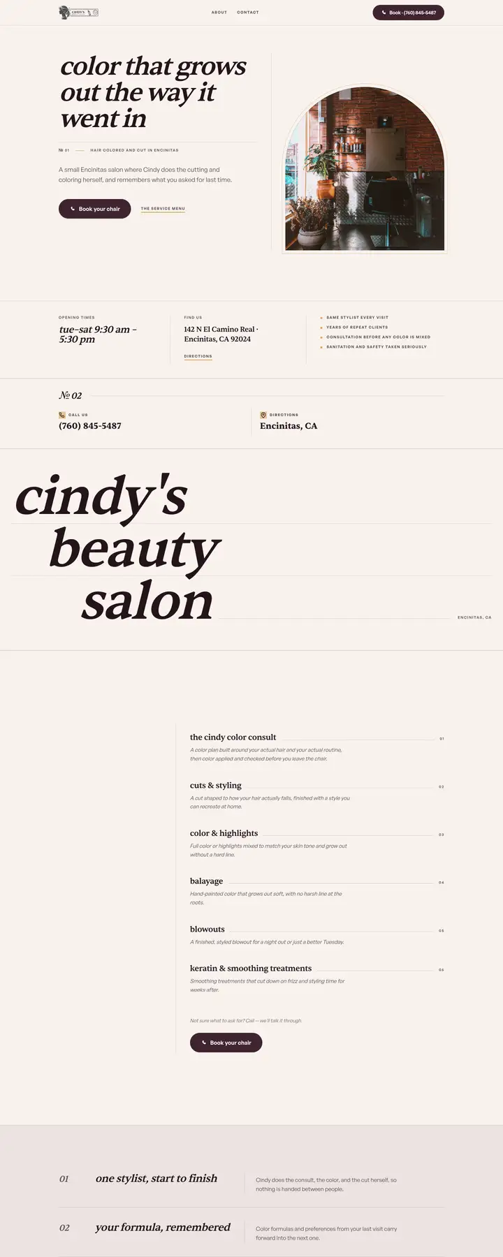 Free preview of a website for Cindy's Beauty Salon, built by Ready StoreFront (not affiliated)