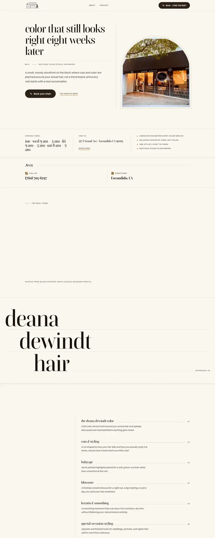 Free preview of a website for Deana DeWindt Hair, built by Ready StoreFront (not affiliated)