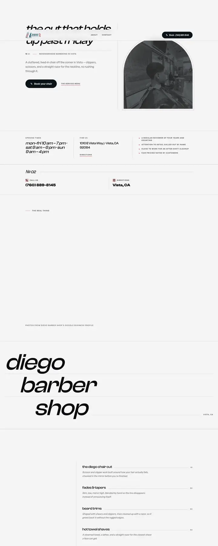 Free preview of a website for Diego Barber Shop, built by Ready StoreFront (not affiliated)