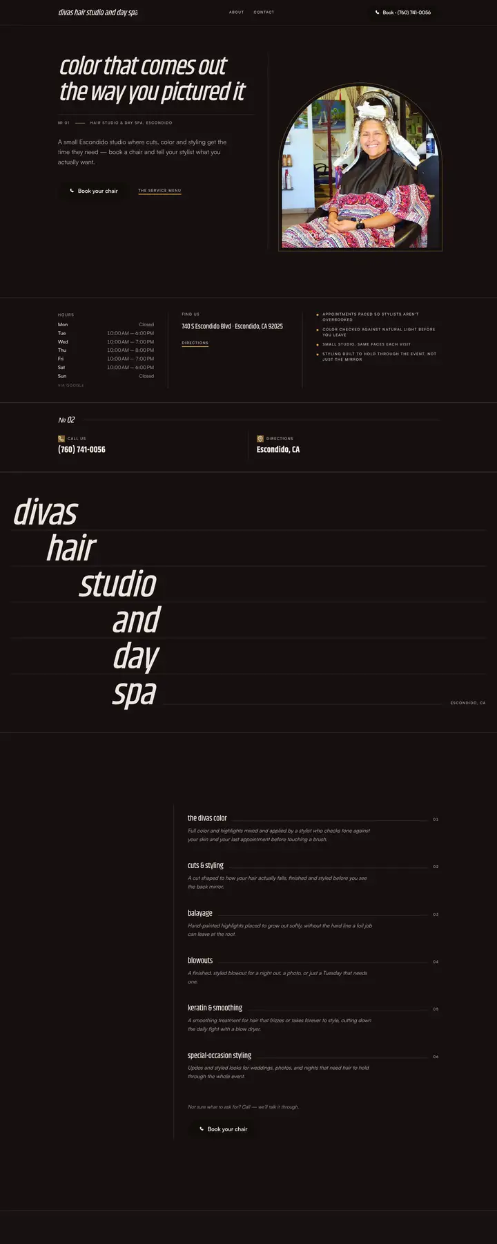 Free preview of a website for Divas Hair Studio and Day Spa, built by Ready StoreFront (not affiliated)