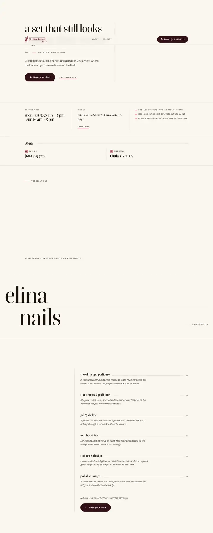 Free preview of a website for Elina Nails, built by Ready StoreFront (not affiliated)