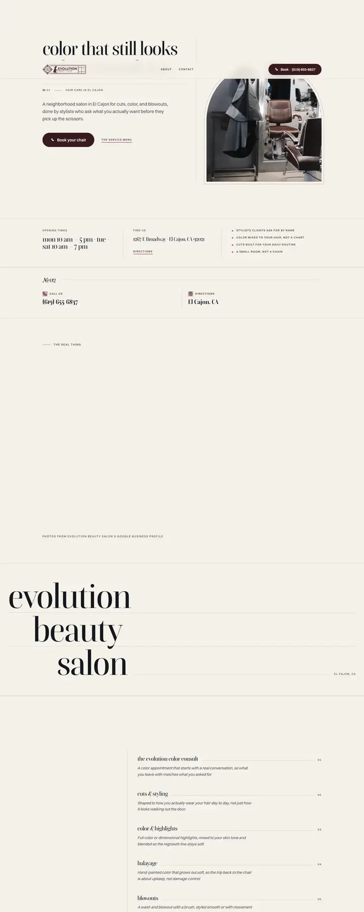 Free preview of a website for Evolution Beauty Salon, built by Ready StoreFront (not affiliated)