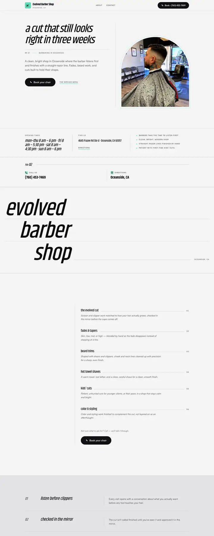 Free preview of a website for Evolved Barber Shop, built by Ready StoreFront (not affiliated)