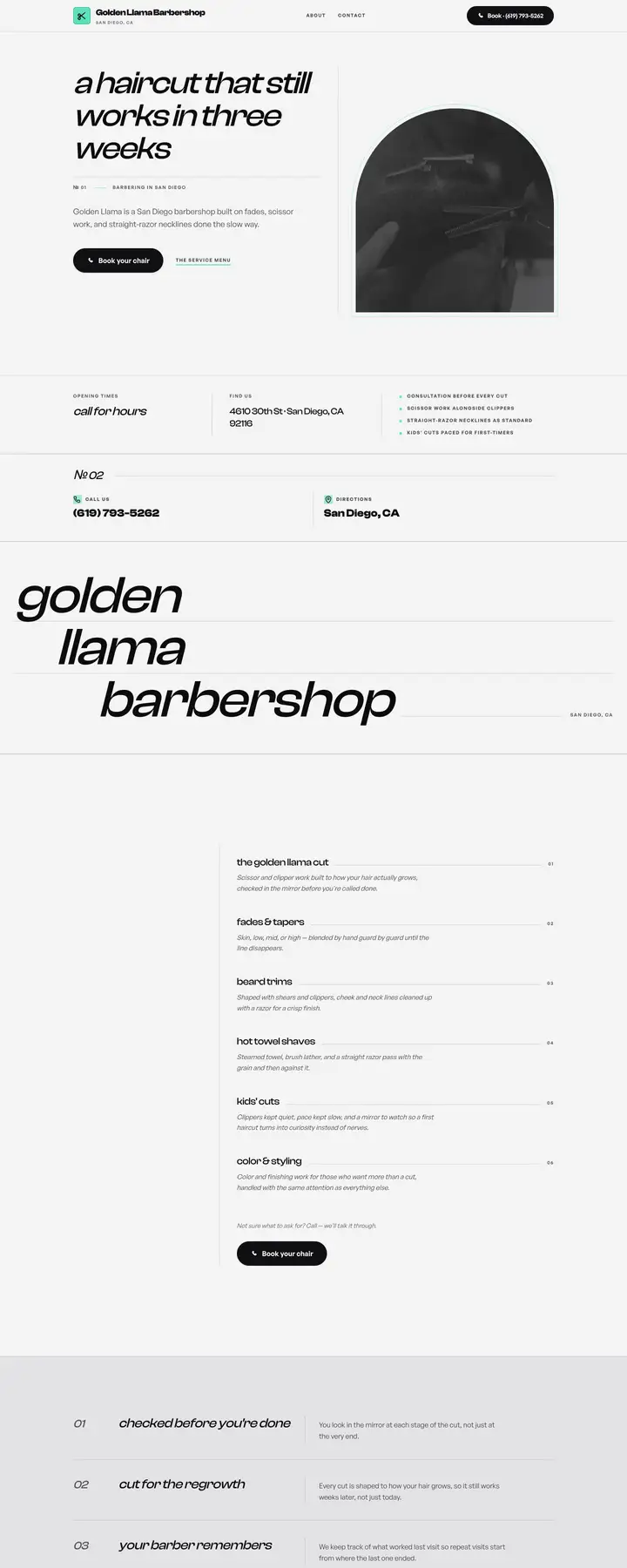 Free preview of a website for Golden Llama Barbershop, built by Ready StoreFront (not affiliated)