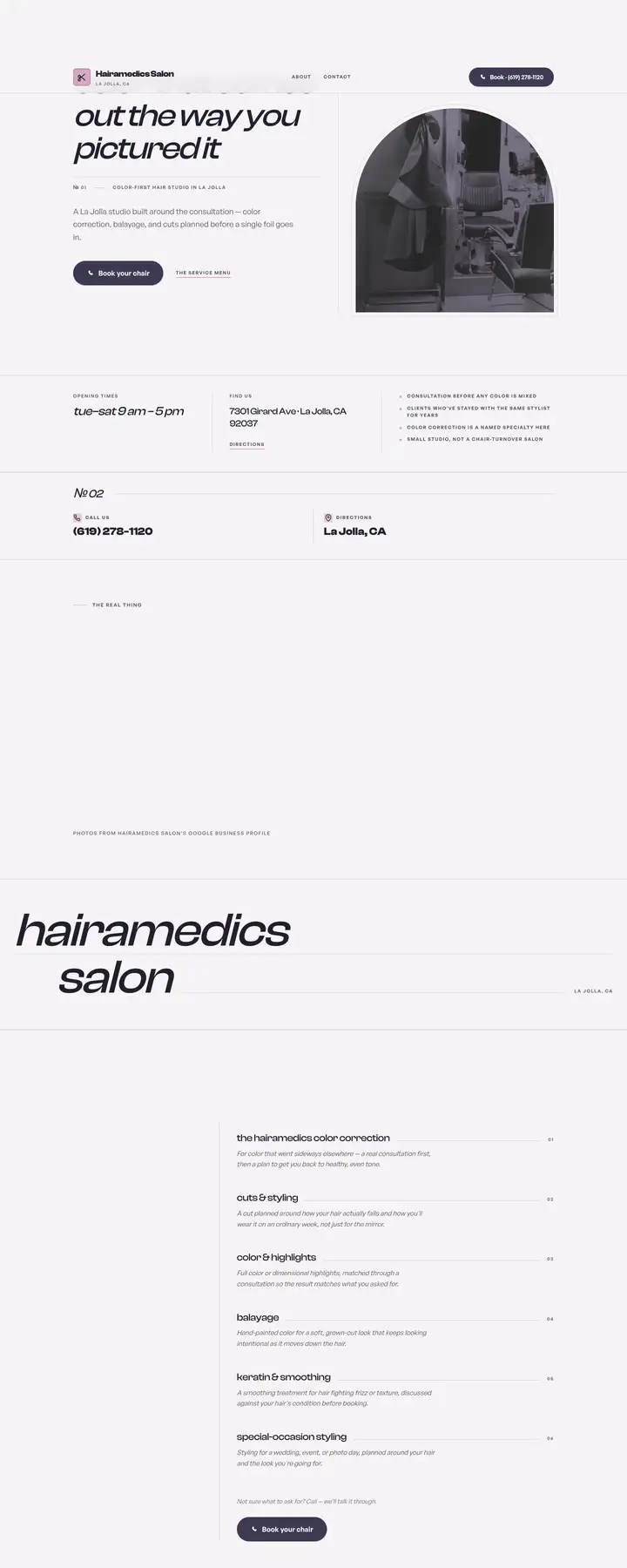 Free preview of a website for Hairamedics Salon, built by Ready StoreFront (not affiliated)