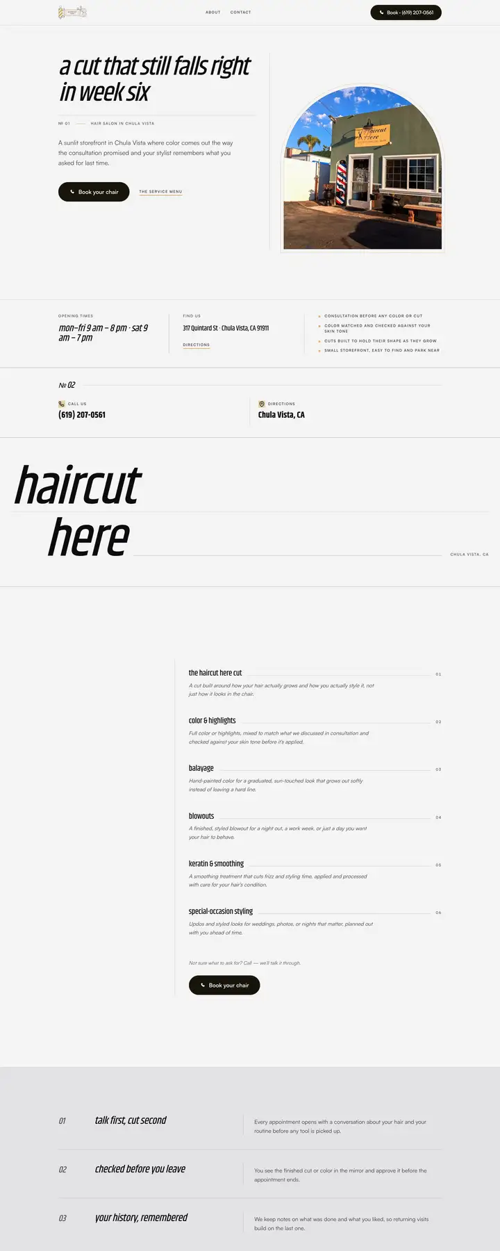 Free preview of a website for Haircut Here, built by Ready StoreFront (not affiliated)