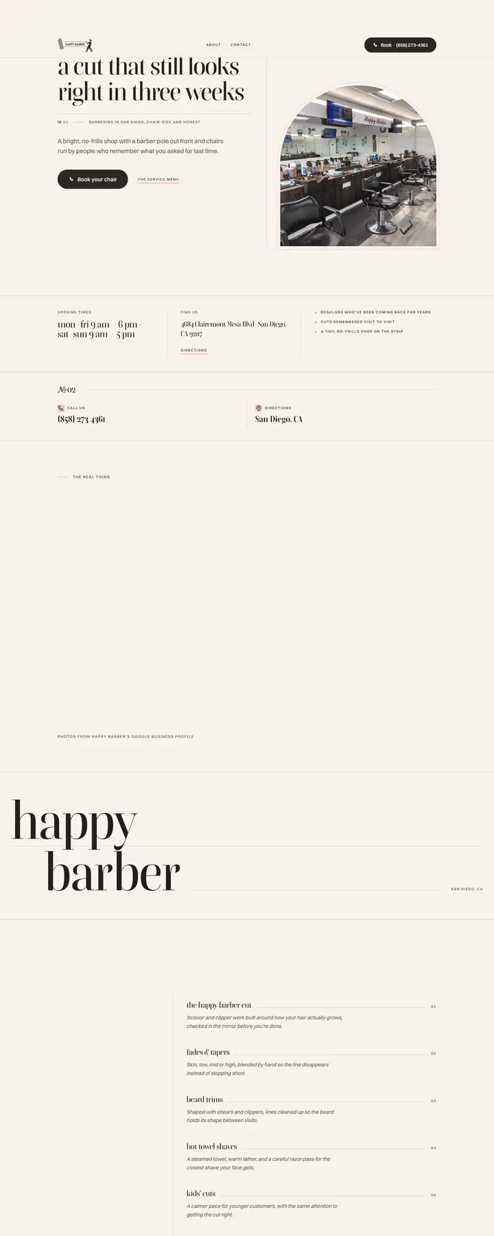 Free preview of a website for Happy Barber, built by Ready StoreFront (not affiliated)