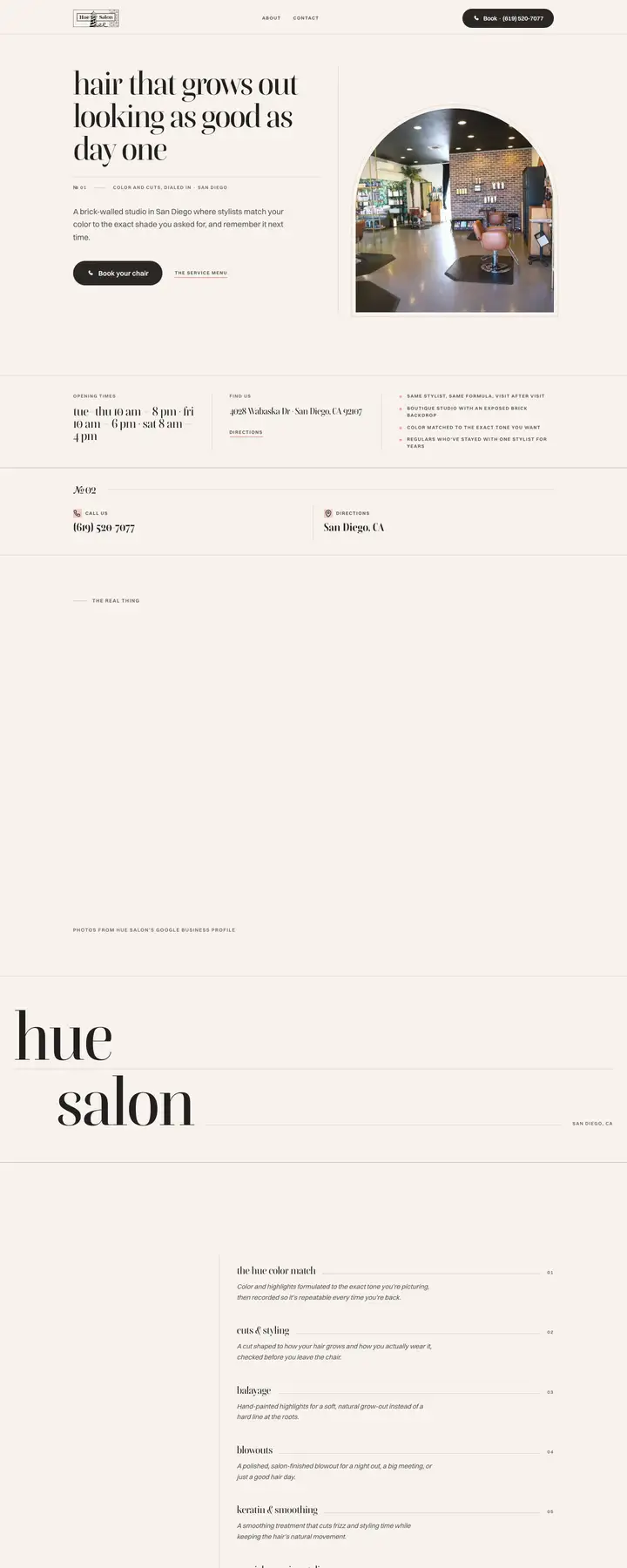 Free preview of a website for Hue Salon, built by Ready StoreFront (not affiliated)