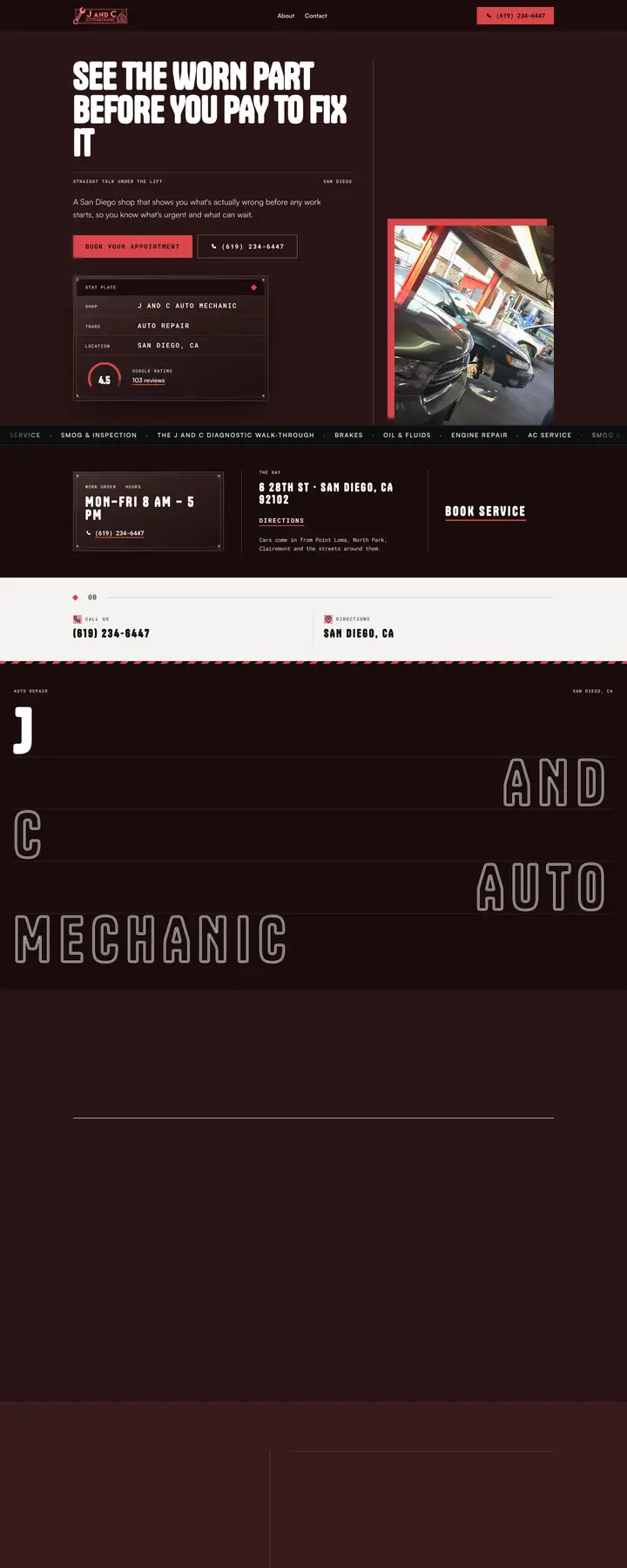 Free preview of a website for J and C Auto Mechanic, built by Ready StoreFront (not affiliated)
