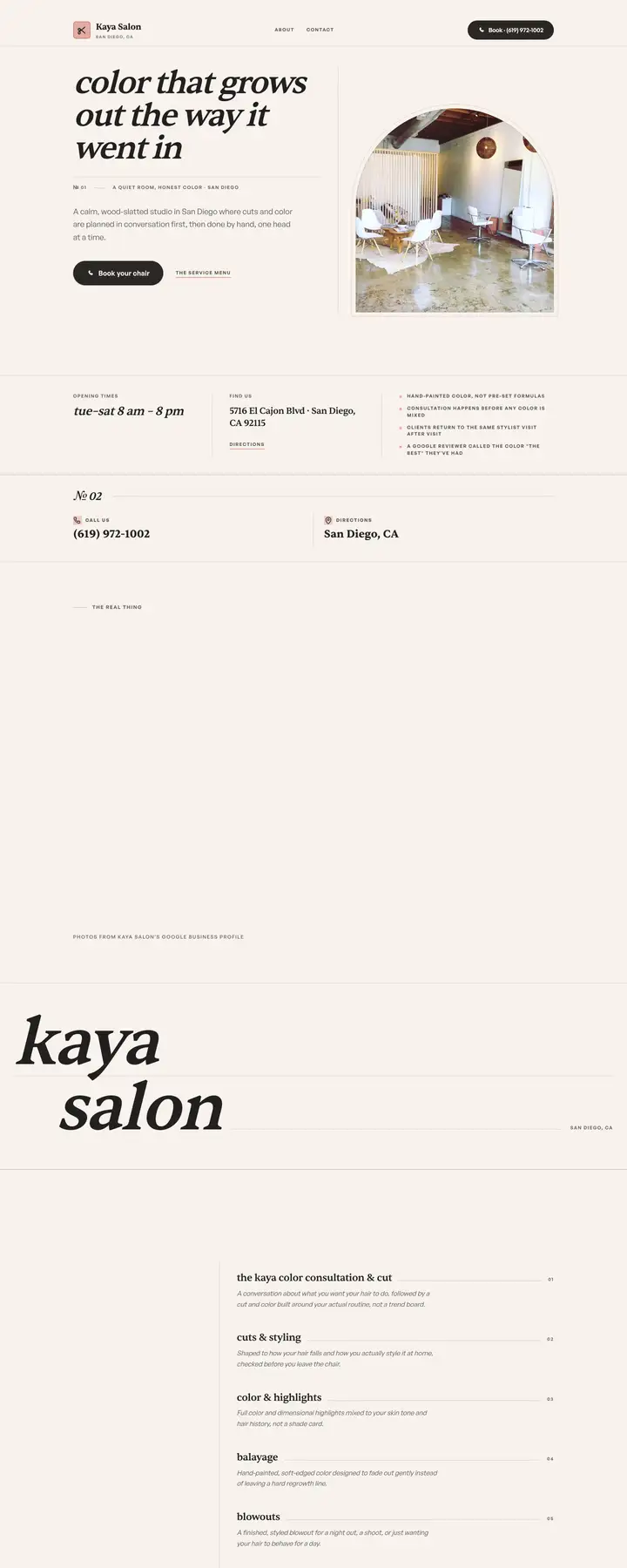 Free preview of a website for Kaya Salon, built by Ready StoreFront (not affiliated)
