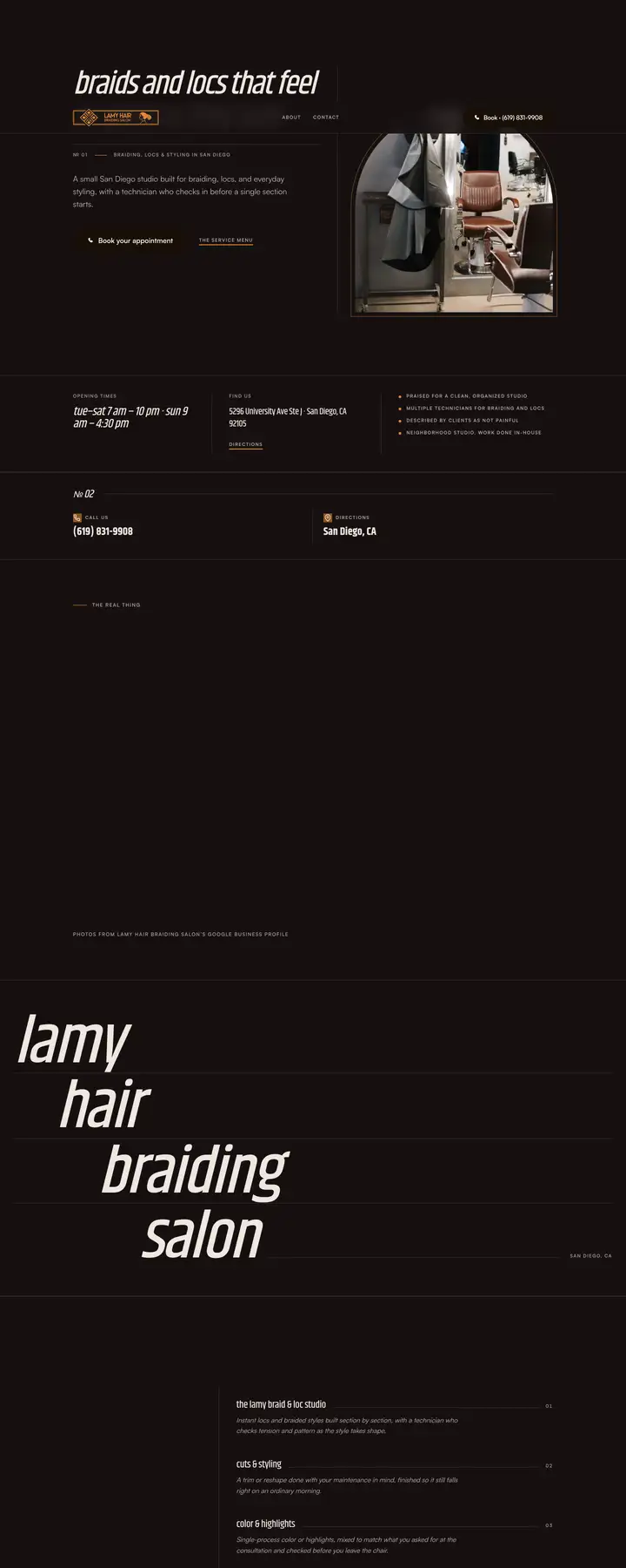 Free preview of a website for Lamy Hair Braiding Salon, built by Ready StoreFront (not affiliated)