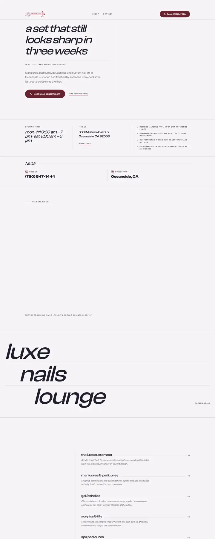 Free preview of a website for Luxe Nails Lounge, built by Ready StoreFront (not affiliated)
