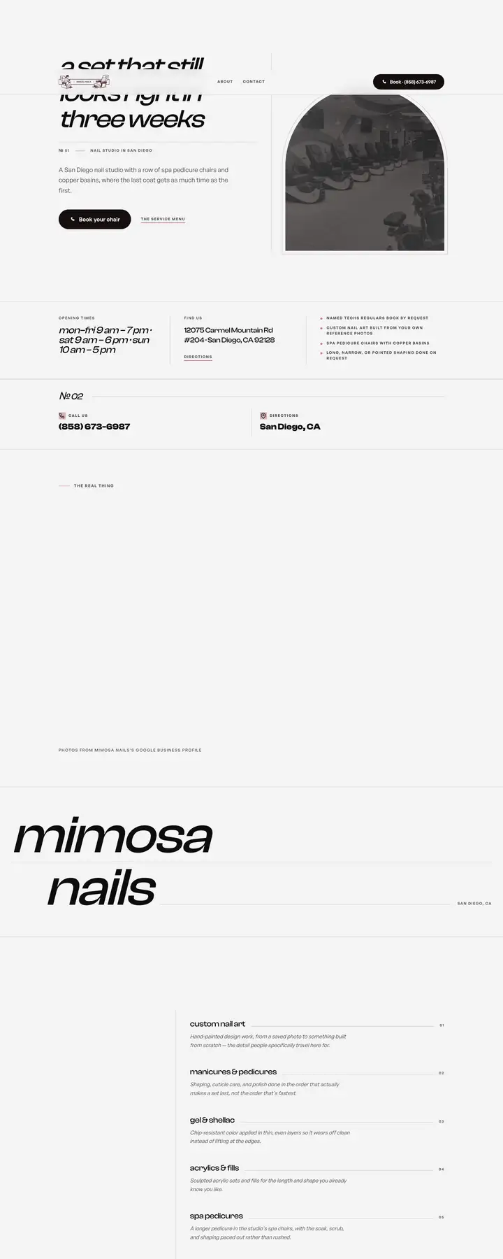 Free preview of a website for Mimosa Nails, built by Ready StoreFront (not affiliated)