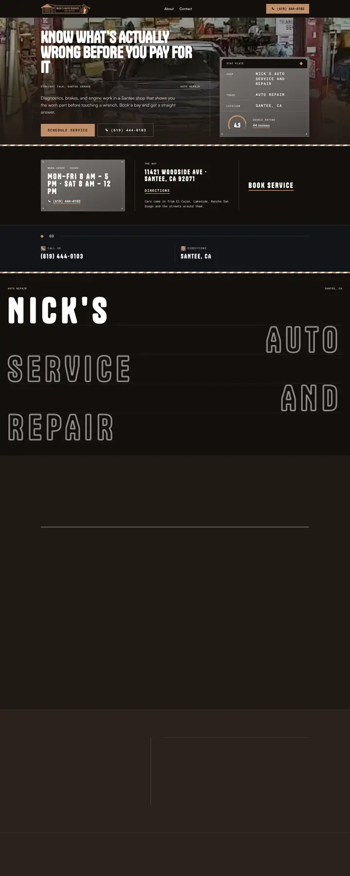 Free preview of a website for Nick's Auto Service and Repair, built by Ready StoreFront (not affiliated)
