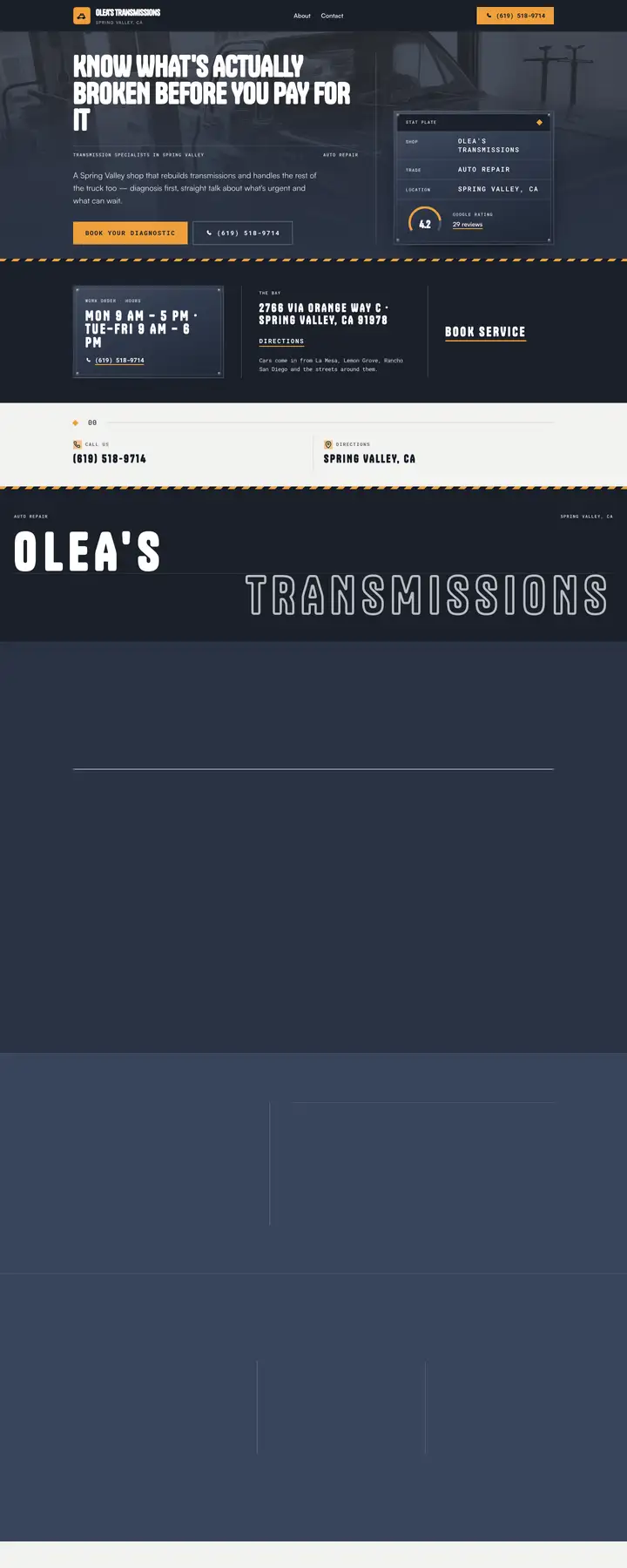 Free preview of a website for Olea's Transmissions, built by Ready StoreFront (not affiliated)