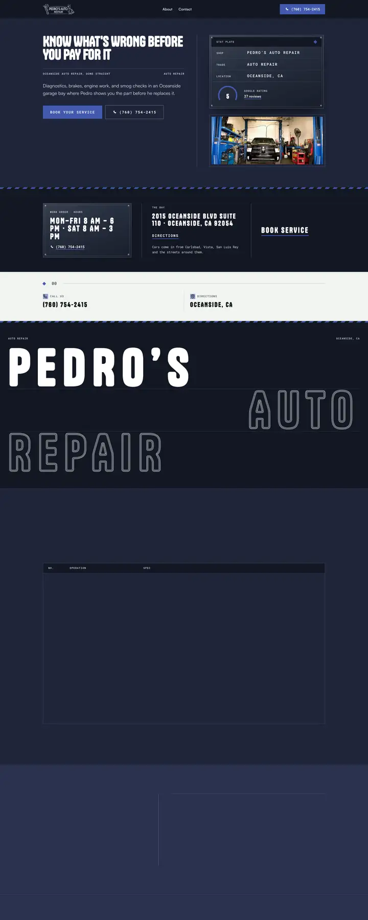 Free preview of a website for Pedro’s Auto Repair, built by Ready StoreFront (not affiliated)
