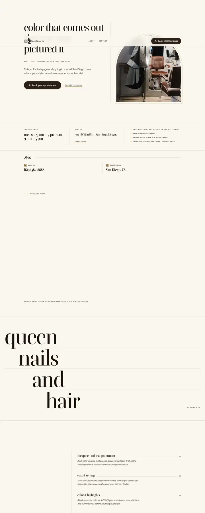 Free preview of a website for Queen Nails and Hair, built by Ready StoreFront (not affiliated)