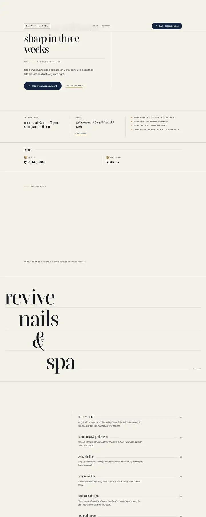 Free preview of a website for Revive Nails & Spa, built by Ready StoreFront (not affiliated)
