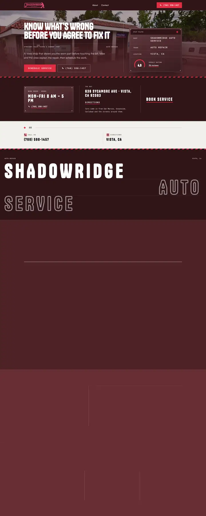 Free preview of a website for Shadowridge Auto Service, built by Ready StoreFront (not affiliated)