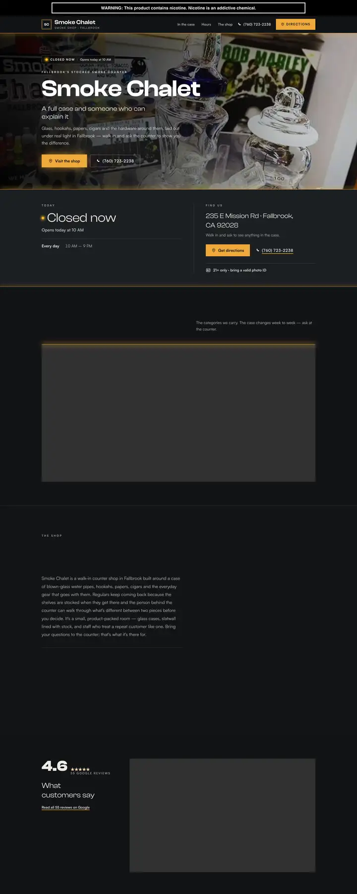 Free preview of a website for Smoke Chalet, built by Ready StoreFront (not affiliated)