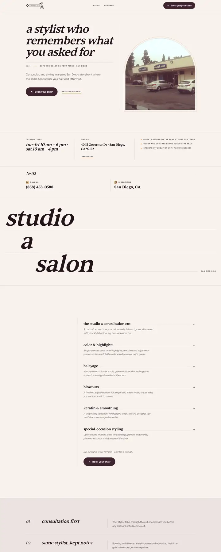 Free preview of a website for Studio A Salon, built by Ready StoreFront (not affiliated)