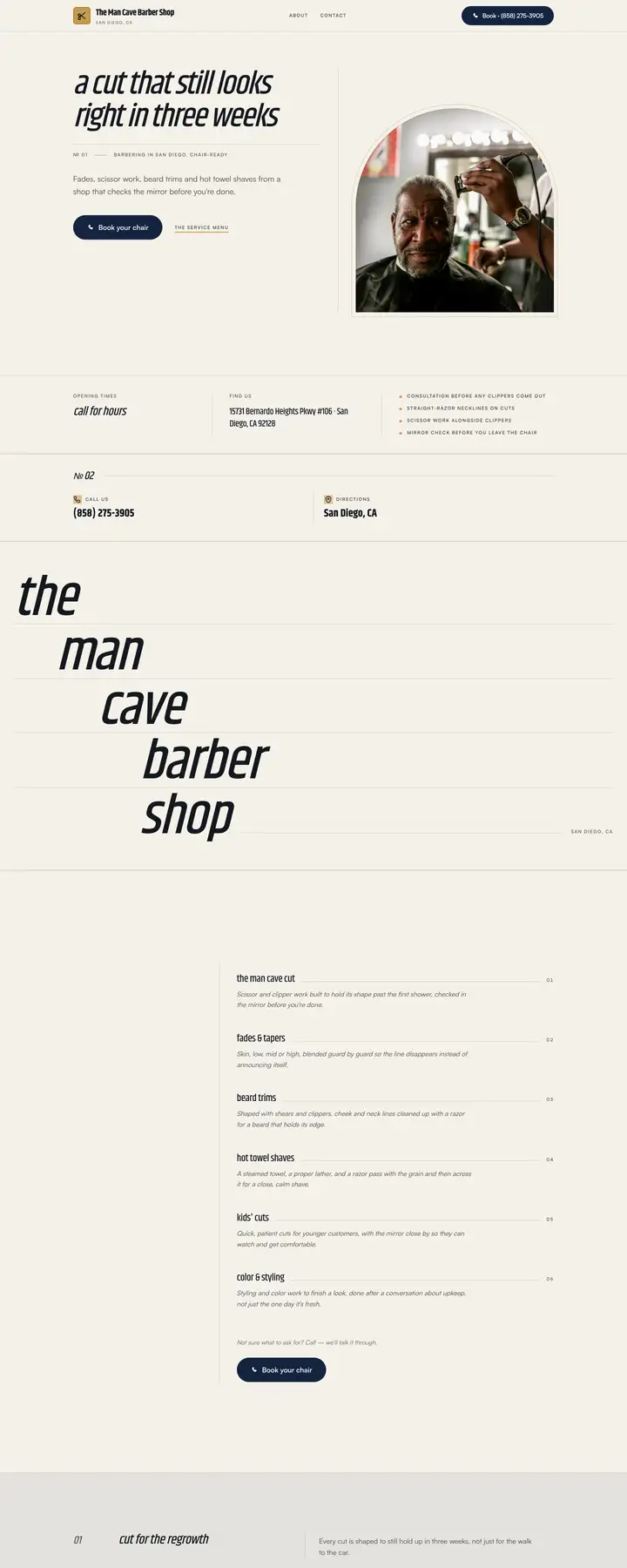 Free preview of a website for The Man Cave Barber Shop, built by Ready StoreFront (not affiliated)