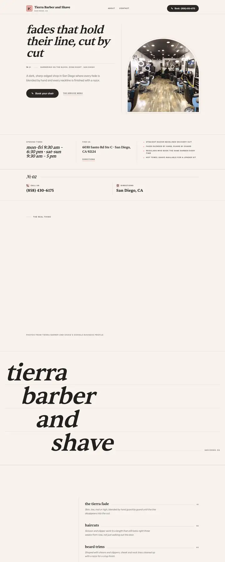 Free preview of a website for Tierra Barber and Shave, built by Ready StoreFront (not affiliated)