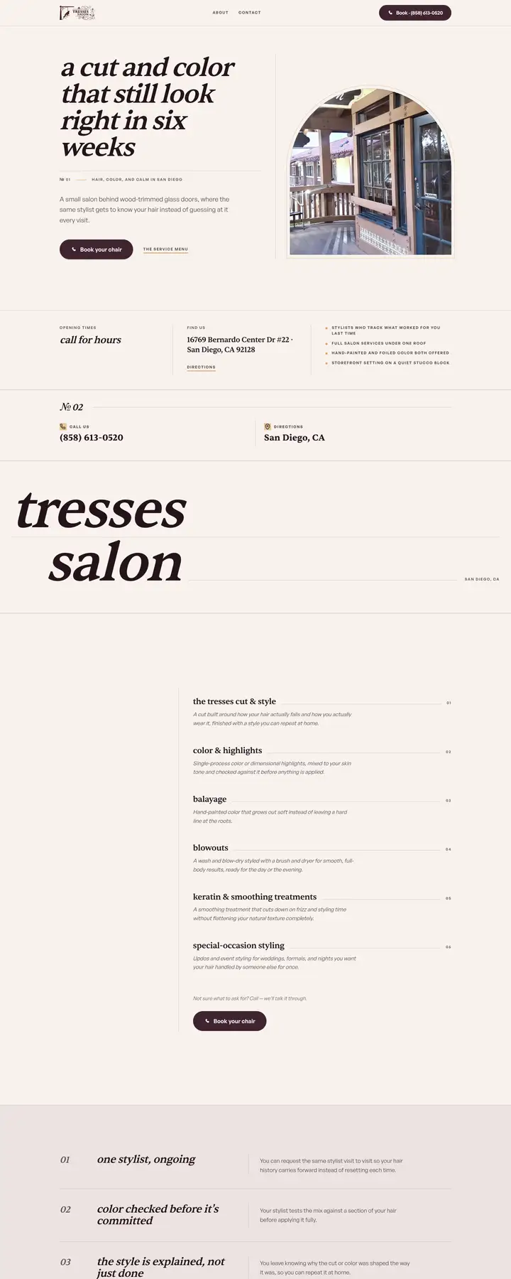 Free preview of a website for Tresses Salon, built by Ready StoreFront (not affiliated)
